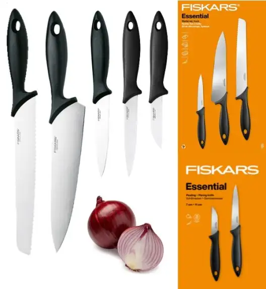 FISKARS ESSENTIAL Komplet 5 noży kuchennych (Szefa + do obierania + do chleba) w pudełku