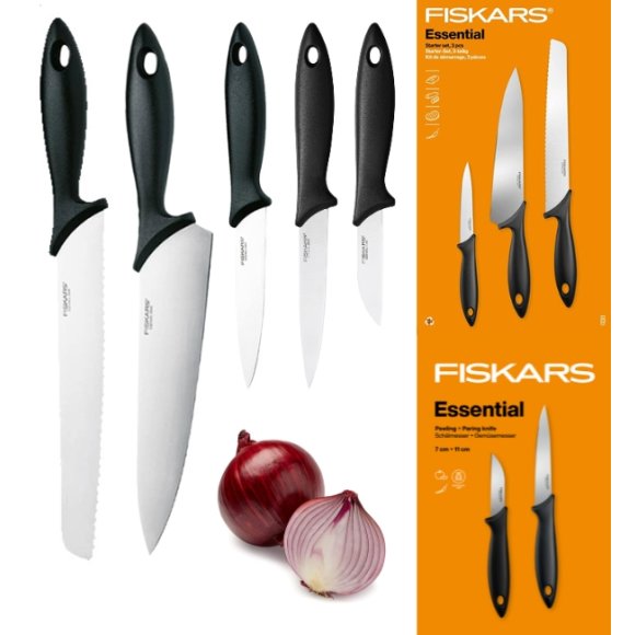 FISKARS ESSENTIAL Komplet 5 noży kuchennych (Szefa + do obierania + do chleba) w pudełku