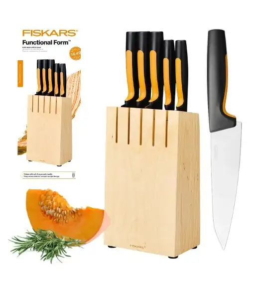 FISKARS FUNCTIONAL FORM Komplet 5 noży kuchennych w bloku drewnianym