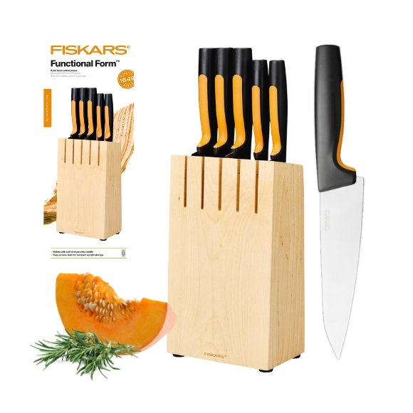 FISKARS FUNCTIONAL FORM Komplet 5 noży kuchennych w bloku drewnianym