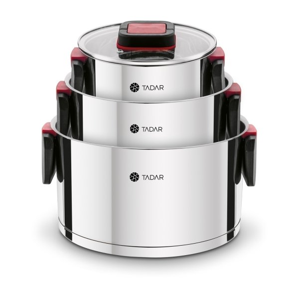 TADAR EVOCOOK Komplet 3 garnków z pokrywkami / składane uchwyty / stal nierdzewna 