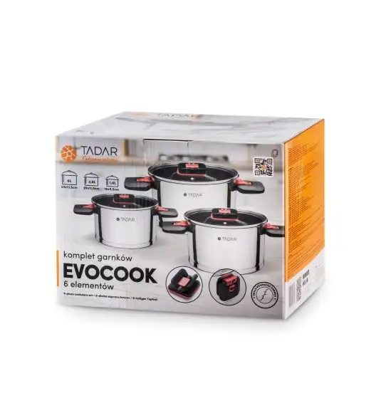 TADAR EVOCOOK Komplet 3 garnków z pokrywkami / składane uchwyty / stal nierdzewna 