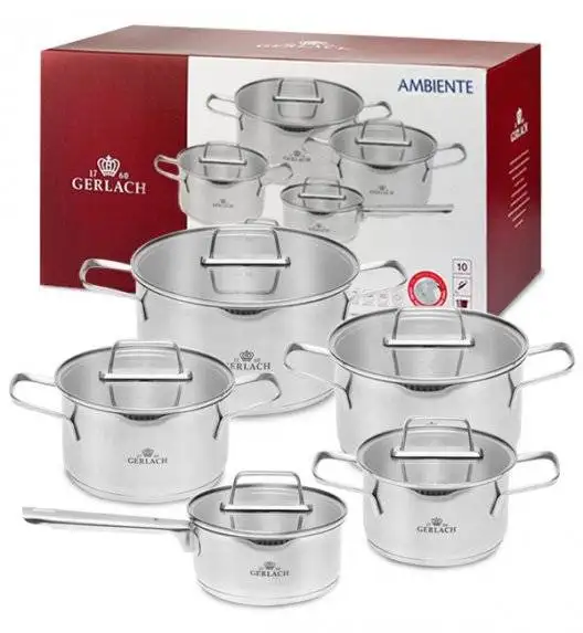 GERLACH AMBIENTE Komplet Garnki z pokrywkami 10 el + Garnek Ambiente 10 l / stal nierdzewna / indukcja