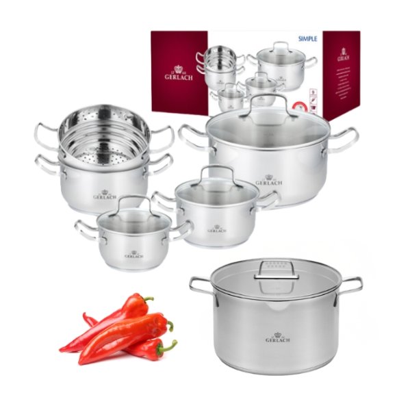 GERLACH SIMPLE Komplet Garnki z pokrywkami 9 el + Garnek Ambiente 10 l