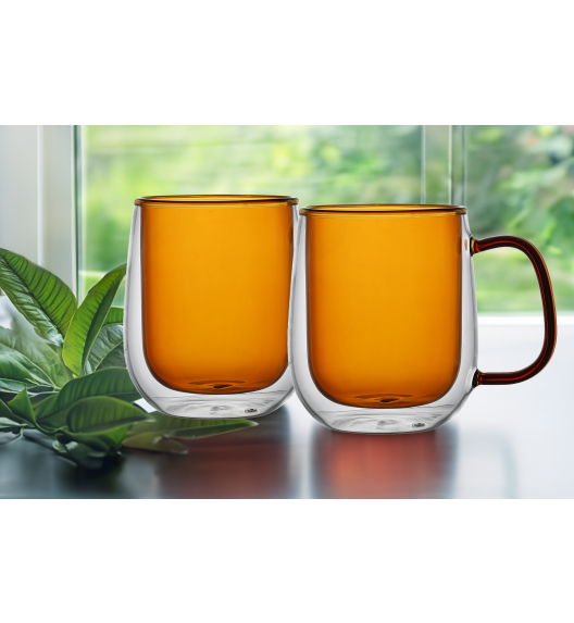 MG HOME | DECO Zestaw 2 szklanek termicznych z uchem 300 ml / bursztynowe