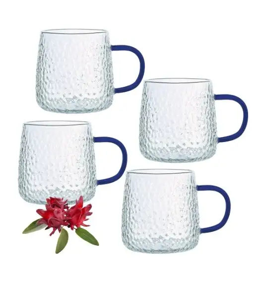 MG HOME | DECO Zestaw 4 szklanek żłobionych z uchem 350 ml / niebieskie