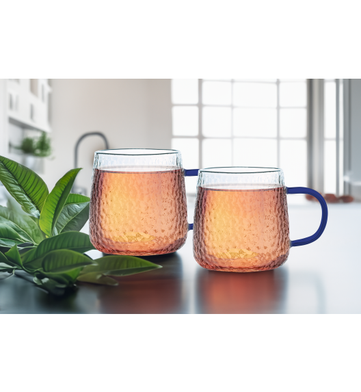 MG HOME | DECO Zestaw 4 szklanek żłobionych z uchem 350 ml / niebieskie