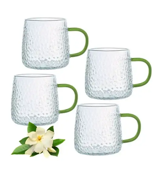 MG HOME | DECO Zestaw 4 szklanek żłobionych z uchem 350 ml / zielone