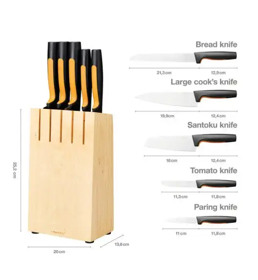 FISKARS FUNCTIONAL FORM Komplet 5 noży kuchennych w bloku drewnianym + Ostrzałka Essential