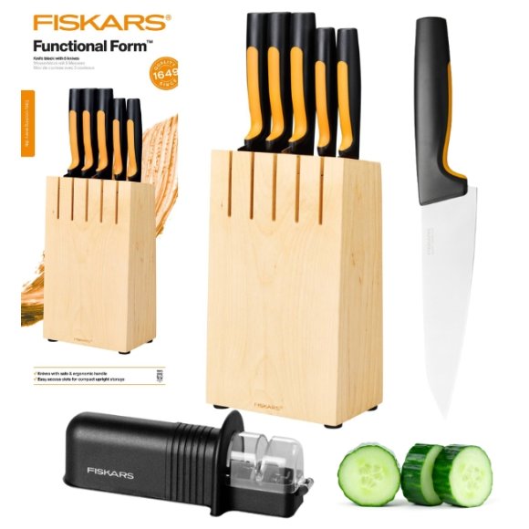 FISKARS FUNCTIONAL FORM Komplet 5 noży kuchennych w bloku drewnianym + Ostrzałka Essential