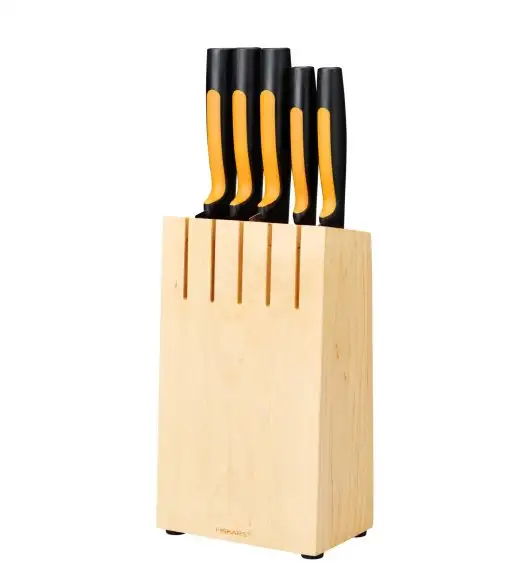 FISKARS FUNCTIONAL FORM Komplet 5 noży kuchennych w bloku drewnianym + Ostrzałka Edge