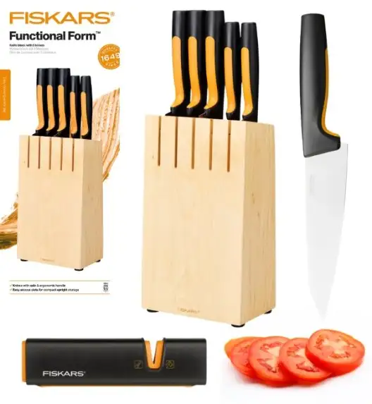 FISKARS FUNCTIONAL FORM Komplet 5 noży kuchennych w bloku drewnianym + Ostrzałka Edge