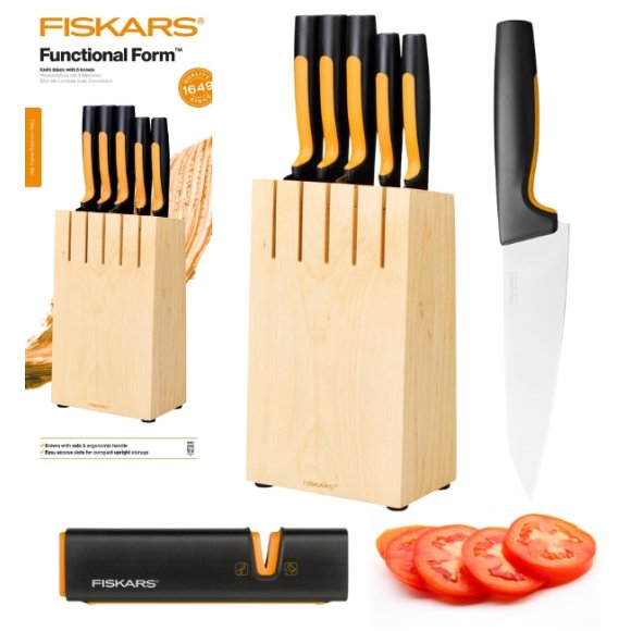FISKARS FUNCTIONAL FORM Komplet 5 noży kuchennych w bloku drewnianym + Ostrzałka Edge