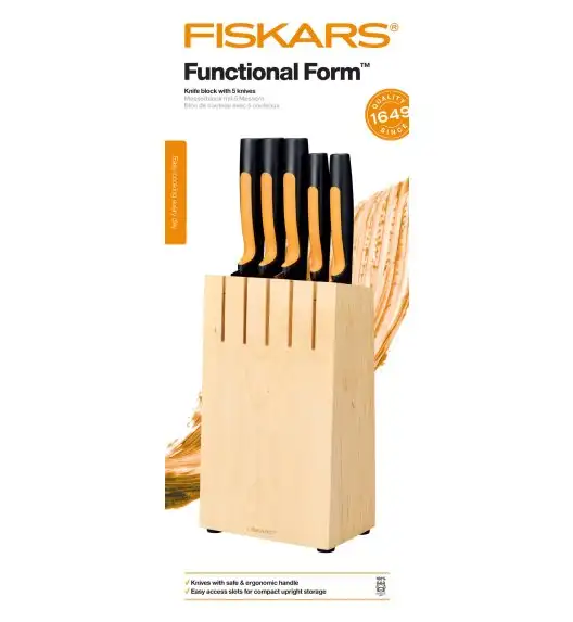 FISKARS FUNCTIONAL FORM Komplet 5 noży kuchennych w bloku drewnianym + Ostrzałka Functional Form
