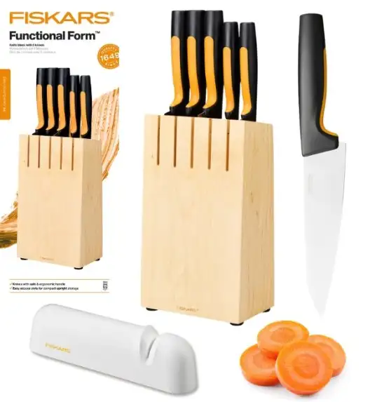 FISKARS FUNCTIONAL FORM Komplet 5 noży kuchennych w bloku drewnianym + Ostrzałka Functional Form