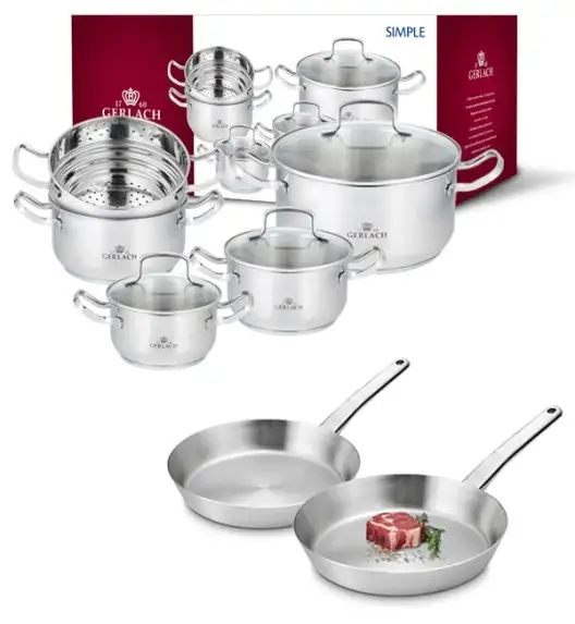 GERLACH SIMPLE Komplet Garnki z pokrywkami + wkład do gotowania na parze 9 el + 2 patelnie PRESTIGE / Stal nierdzewna