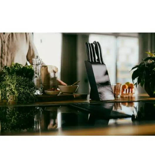 FISKARS CONTROL 1073023 Zestaw 5 noży kuchennych w czarnym bloku + Ostrzałka Essential