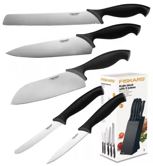 FISKARS CONTROL 1073023 Zestaw 5 noży kuchennych w czarnym bloku + Ostrzałka Essential