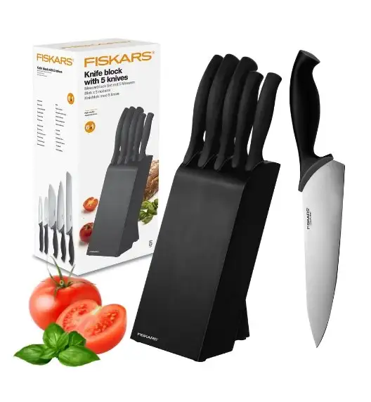 FISKARS CONTROL 1073023 Zestaw 5 noży kuchennych w czarnym bloku + Ostrzałka Functional Form
