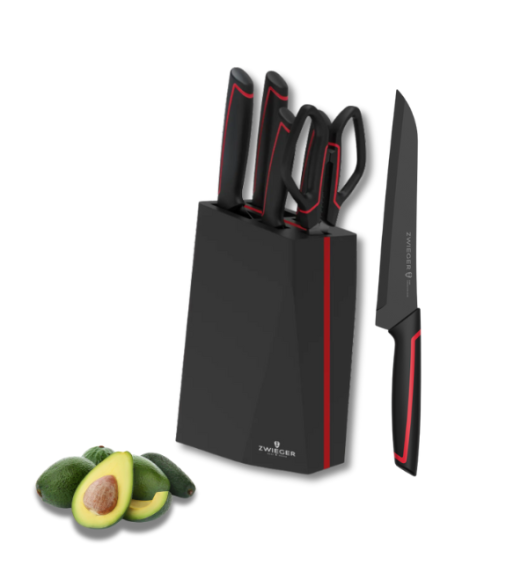 ZWIEGER RED LINE Komplet 4 noży w bloku drewnianym czarnym + nożyczki / stal nierdzewna + drewno