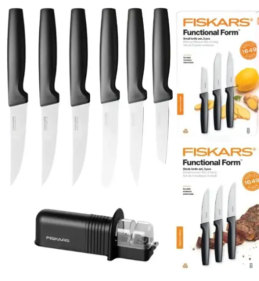 FISKARS FUNCTIONAL FORM 1057561+1057564 Komplet 6 noży kuchennych w pudełkach + ostrzałka ESSENTIAL