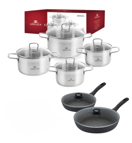 GERLACH BRAVA Komplet Garnki z pokrywkami 8 el + patelnie Gerlach Granitex 28, 20 cm + pokrywki uniwersalne 20,28 cm