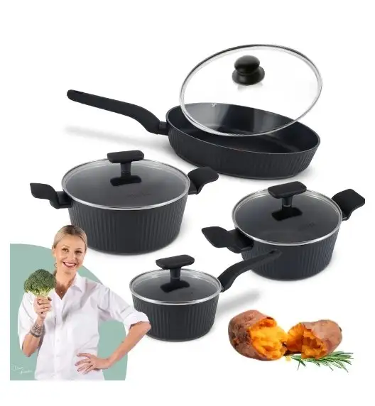 STUTSA | VARMA Komplet garnków 6 el (R16, 20, 24 cm) + patelnia thermo spot 28 cm + pok uni