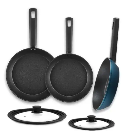 AMBITION AZZURRO Komplet patelni 20, 24, 28 cm + Pokrywki z silikonowym rantem / INDUKCJA