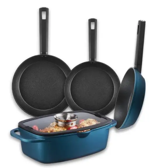 AMBITION AZZURRO Komplet patelni 20, 24, 28 cm + Brytfanna 32x21 cm / INDUKCJA
