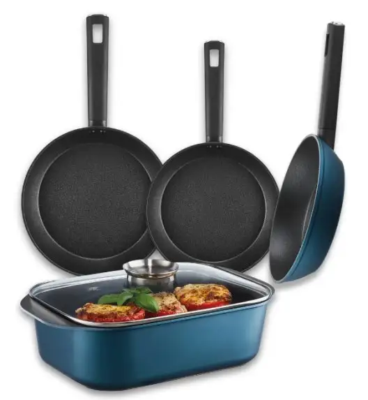 AMBITION AZZURRO Komplet patelni 20, 24, 28 cm + Brytfanna 40x26 cm / INDUKCJA