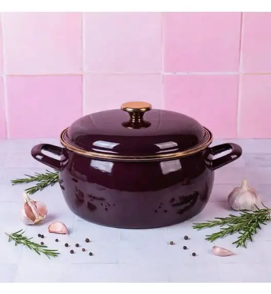 METALAC | BORDEAUX Niski garnek emaliowany z emaliowaną pokrywką 24 cm 5L, bordowy