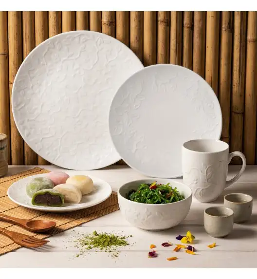 LUBIANA HANAMI Serwis obiadowy 60 el / 12 osób z kubkami i salaterkami | biała porcelana 