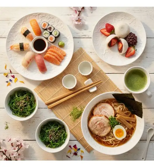 LUBIANA HANAMI Serwis obiadowy 90 el / 18 osób z kubkami i salaterkami | biała porcelana 