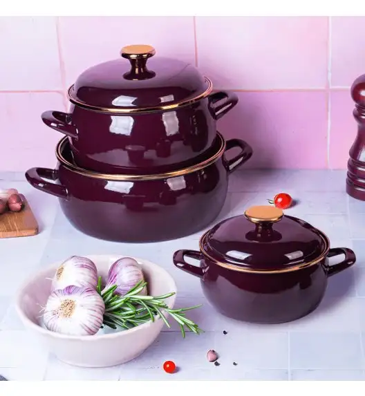 METALAC | BORDEAUX Komplet 3 garnków niskich emaliowanych z pokrywkami / bordowe