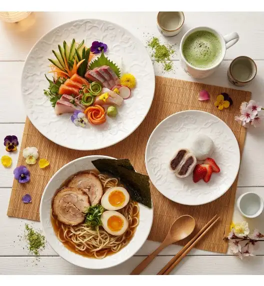 LUBIANA HANAMI Serwis obiadowy 48 el / 12 osób z kubkami | biała porcelana 