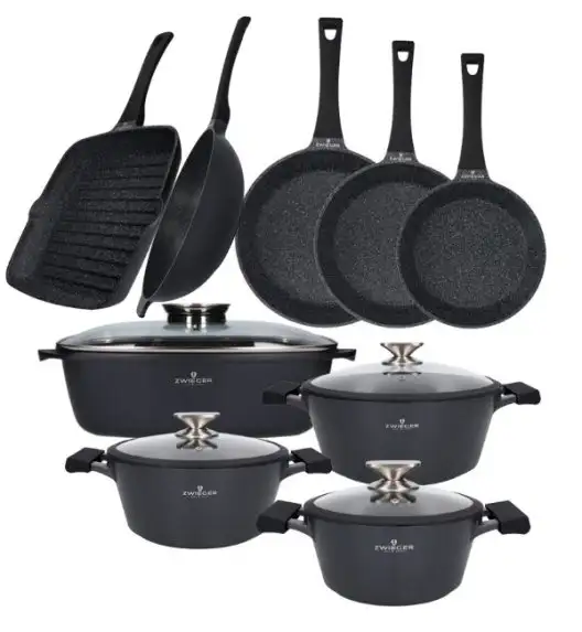 ZWIEGER BLACK STONE Zestaw garnków z pokrywkami 20, 24, 28 cm + Patelnie 20, 24, 28 cm + Grillowa 28 cm + Brytfanna 32 cm + Wok 32 cm