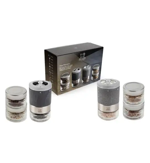 PEUGEOT MAESTRO Zestaw młynków do pieprzu i soli DUO 11 cm + 6 przypraw