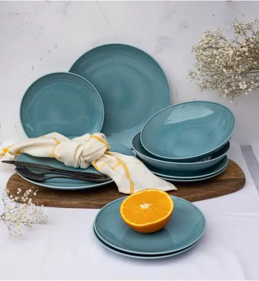 WYPRZEDAŻ! LUBIANA ETO MODERN K6  Zestaw talerzy obiadowych i głębokich / niebieski 12 el / 6 osób / porcelana 