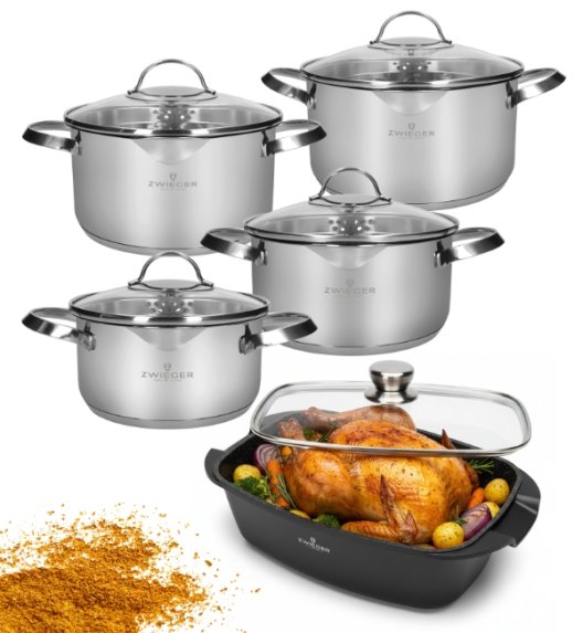 ZWIEGER VERON Komplet garnków z pokrywkami 18, 20, 22, 24 cm + Brytfanna Lavena 33 cm