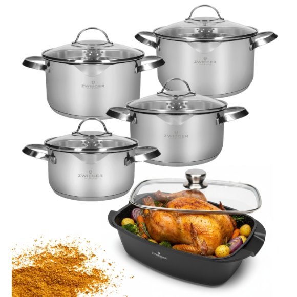 ZWIEGER VERON Komplet garnków z pokrywkami 18, 20, 22, 24 cm + Brytfanna Lavena 33 cm