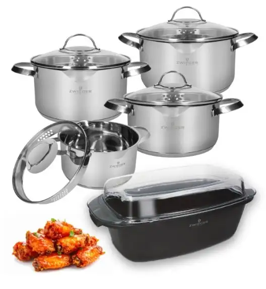 ZWIEGER VERON Komplet garnków z pokrywkami 18, 20, 22, 24 cm + Brytfanna Practi Plus 32 cm