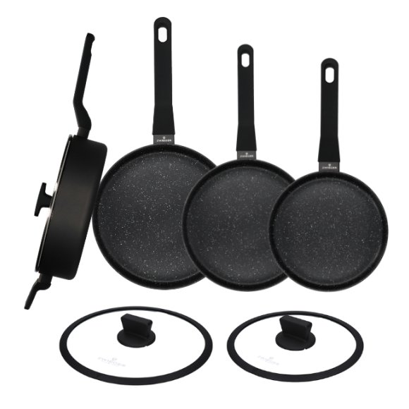 ZWIEGER VERON Komplet patelni 20, 24, 28 cm + Patelnia głęboka z pokrywką 28 cm + Pokrywki Zwieger  24, 28 cm