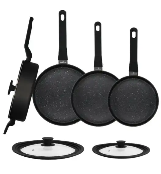 ZWIEGER VERON Komplet patelni 20, 24, 28 cm + Patelnia głęboka z pokrywką 28 cm + Pokrywki uniwersalne Tadar