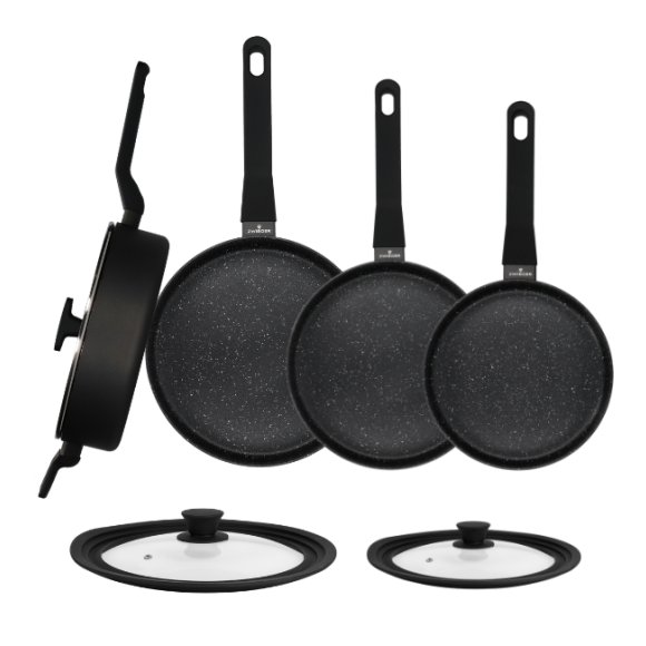 ZWIEGER VERON Komplet patelni 20, 24, 28 cm + Patelnia głęboka z pokrywką 28 cm + Pokrywki uniwersalne Tadar
