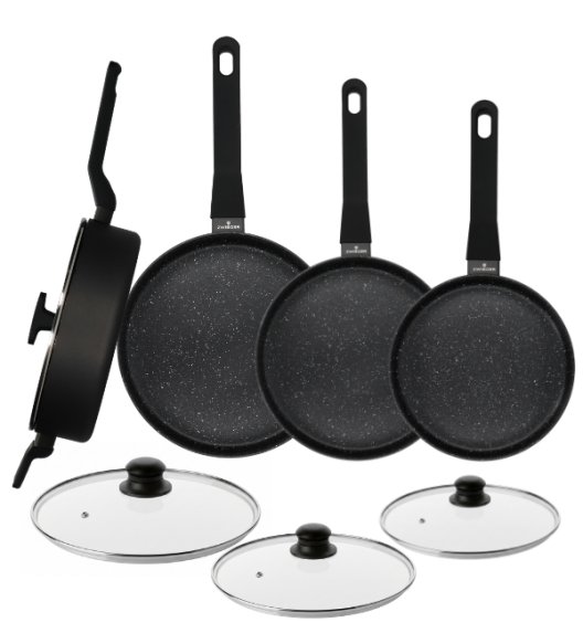 ZWIEGER VERON Komplet patelni 20, 24, 28 cm + Patelnia głęboka z pokrywką 28 cm + Pokrywki szklane Tadar