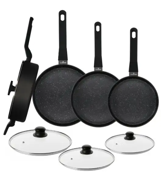 ZWIEGER VERON Komplet patelni 20, 24, 28 cm + Patelnia głęboka z pokrywką 28 cm + Pokrywki szklane Tadar