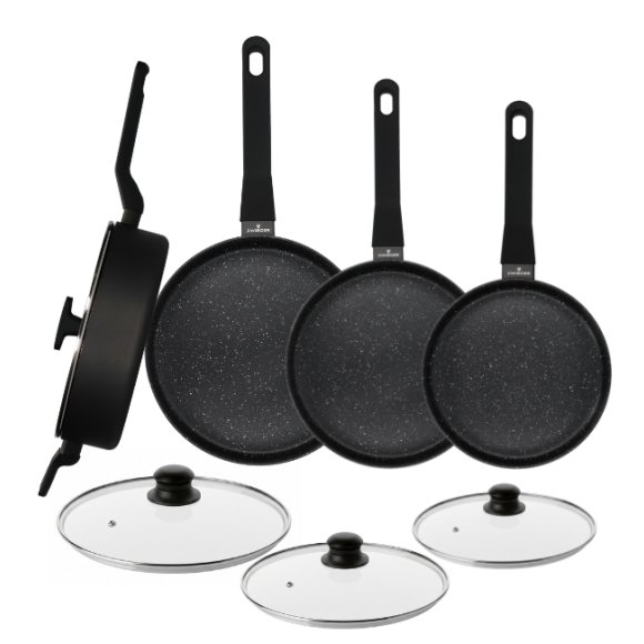 ZWIEGER VERON Komplet patelni 20, 24, 28 cm + Patelnia głęboka z pokrywką 28 cm + Pokrywki szklane Tadar