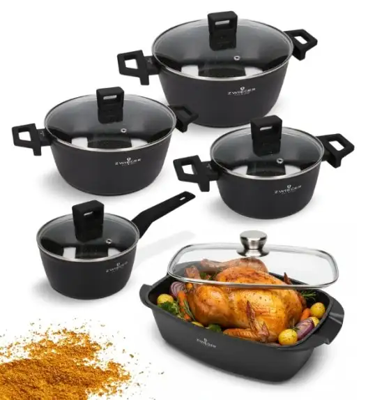 ZWIEGER FORTE Komplet garnków z pokrywkami 8 el / 16, 18, 20, 24 cm + Brytfanna LAVENA