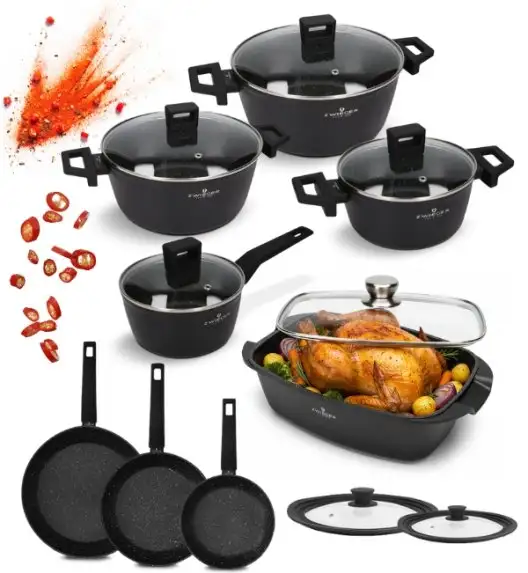ZWIEGER FORTE Komplet garnków z pokrywkami 16, 18, 20, 24 cm + Patelnie 20, 24, 28 cm + Brytfanna LAVENA + Pokrywki silikonowe