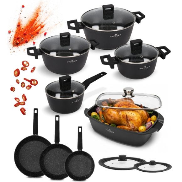 ZWIEGER FORTE Komplet garnków z pokrywkami 16, 18, 20, 24 cm + Patelnie 20, 24, 28 cm + Brytfanna LAVENA + Pokrywki silikonowe